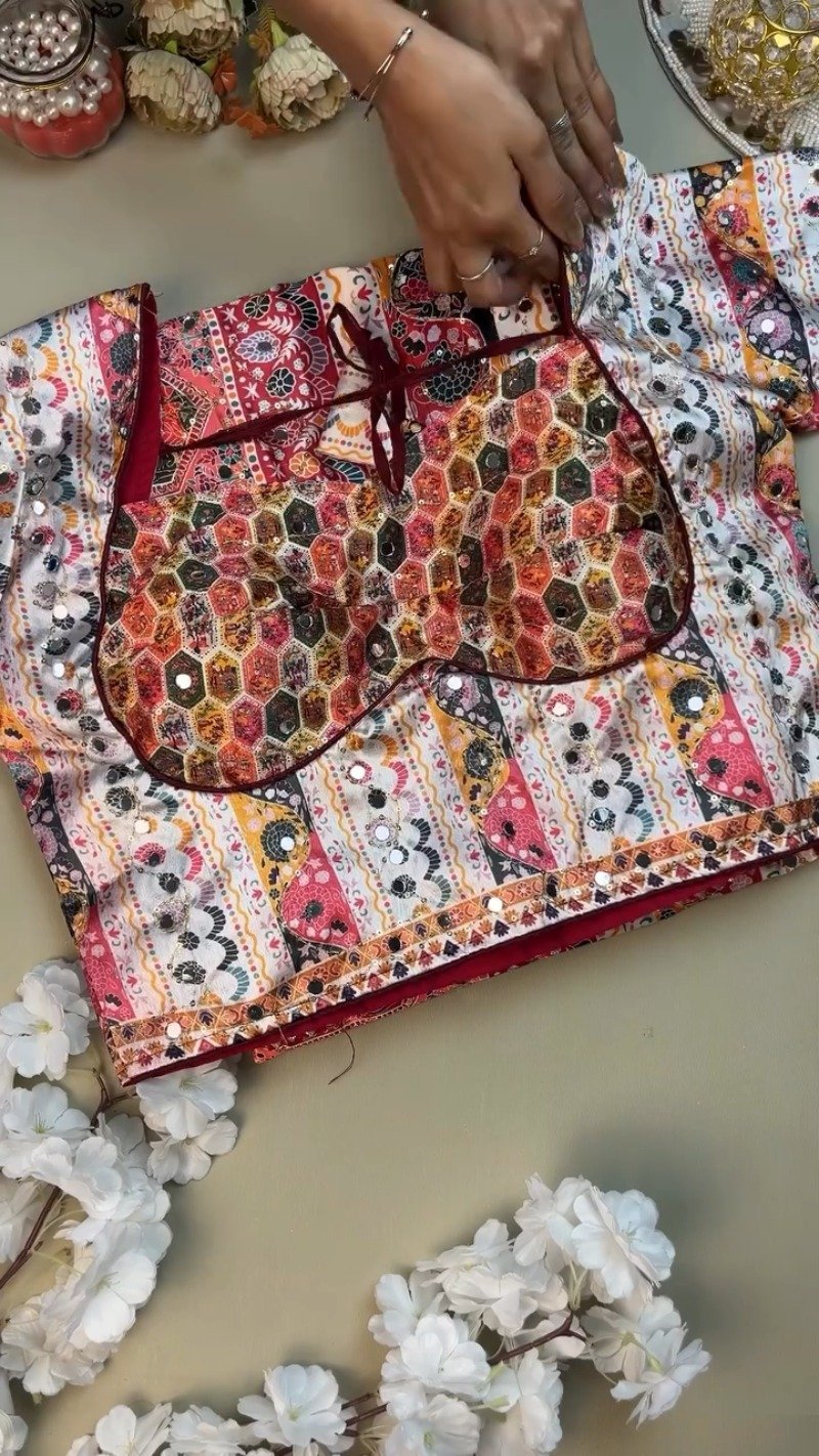 Vibrant Hexagonal Patchwork Lehenga Set with Mirror Work โ Available in Traditional Red & Classic White - Image 2