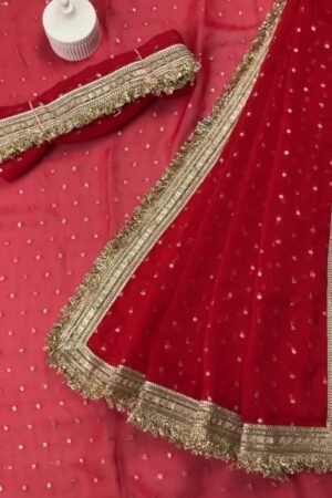 Radiant Sequin-Embellished Chiffon Saree with Ornate Zari Border – Available in Midnight Plum, Festive Red, Emerald Green, Mustard Yellow & Golden Sand