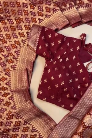 Regal Maroon Bandhani Silk Saree with Zari Border & Matching Designer Blouse