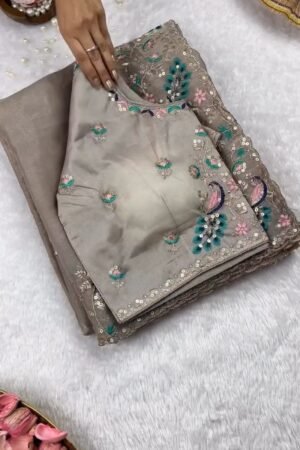 Morpankh Morni Embroidered Tissue Silk Saree Set – Grey Sophistication