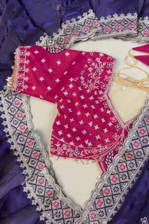 Royal Indigo & Magenta Peacock-Motif Hand-Embroidered Saree Set
