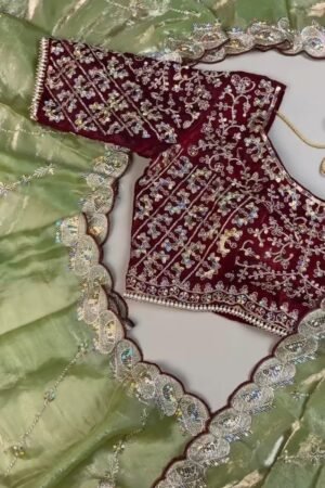 Sage Green and Maroon Contrast Embroidered Saree Set – Available in Sage Green & Maroon