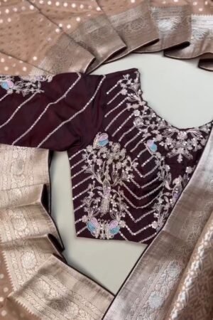 Opulent Wine & Champagne Banarasi Silk Saree Set – Available in Wine & Champagne