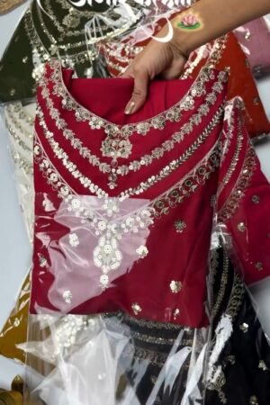 Opulent Sequined Anarkali Set with Floral Resham Embroidery – Available in Crimson Red, Dusty Rose, & Pristine White
