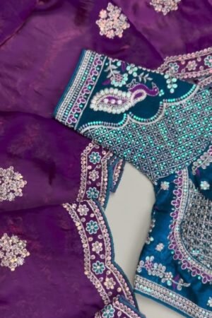 Regal Peacock Teal Blouse with Shimmering Purple Saree – Available in Peacock Teal & Royal Purple