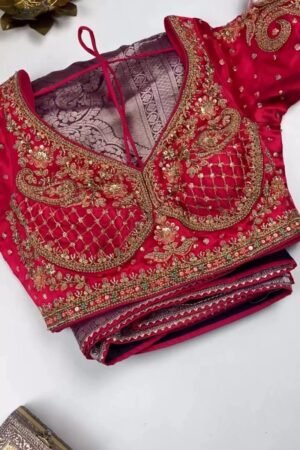 Royal Velvet & Silk Zari Woven Saree Ensemble – Available in Crimson & Deep Violet