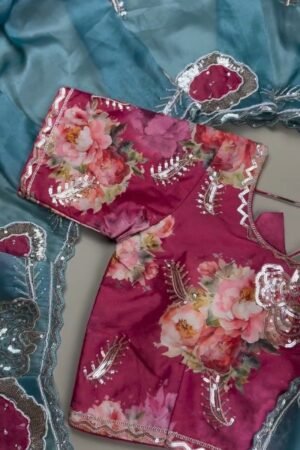 Blossom Bloom Sequin-Embellished Floral Saree Set – Available in Magenta & Teal