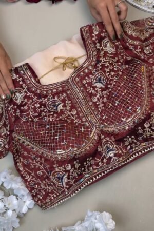 Regal Maroon Sequin-Embroidered Velvet Blouse and Saree Set – Available in Maroon & White