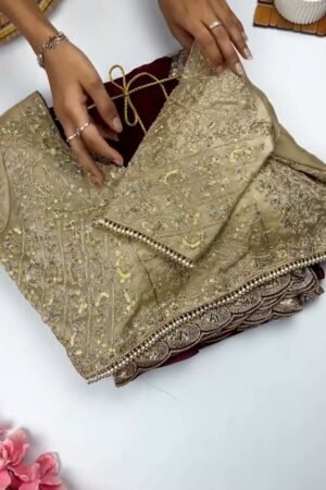 Opulent Wine & Gold Embroidered Saree Set – Available in Wine & Deep Maroon