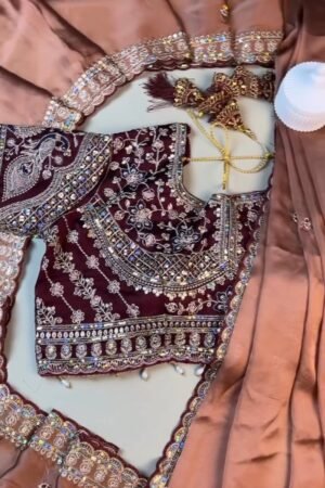 Midnight Maroon Heavily Embellished Silk Blouse & Saree Set