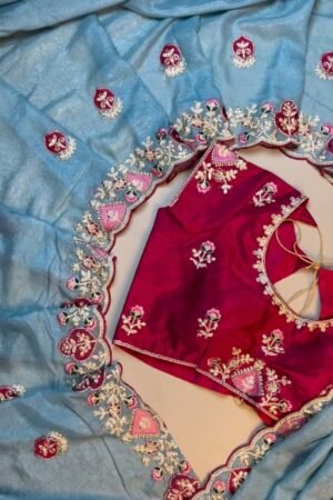 Celestial Azure Silk Saree with Intricate Velvet-Accented Embroidery – Paired with Deep Magenta Blouse