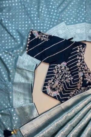 Ethereal Sky Blue Banarasi Silk Saree with Hand-Embroidered Midnight Blue Blouse