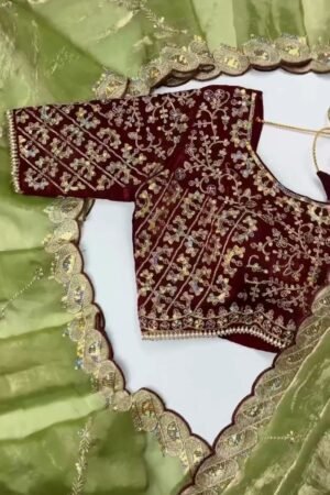 Opulent Scalloped Border Embellished Saree with Embroidered Blouse – Available in Sage Green & Rust Orange
