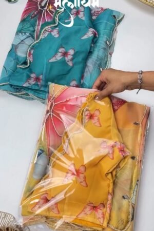 Ethereal Butterfly Embellished Organza Saree – Available in Teal & Mustard Yellow
