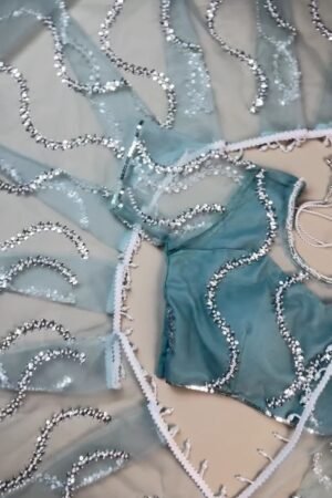 Stunning Sequin-Embellished Organza Saree & Blouse Set in Seafoam Green