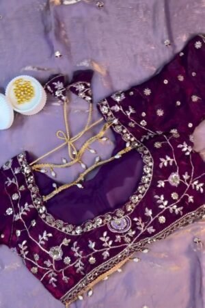 Regal Plum Hand-Embroidered Velvet Blouse & Saree Set