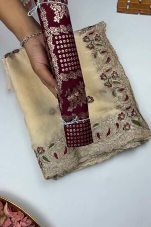 Opulent Ivory & Maroon Floral Embroidered Organza Saree – Available in Classic Ivory & Rich Maroon
