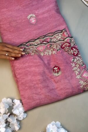 Enchanting Mauve Rose Embroidered Saree Set with Contrast Deep Emerald Blouse