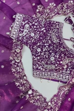 Royal Violet Embroidered Organza Saree and Blouse Set – Ethereal Elegance