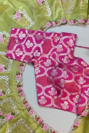 Lime Green Silk Floral Embroidered Saree with Fuschia Pink Brocade Blouse