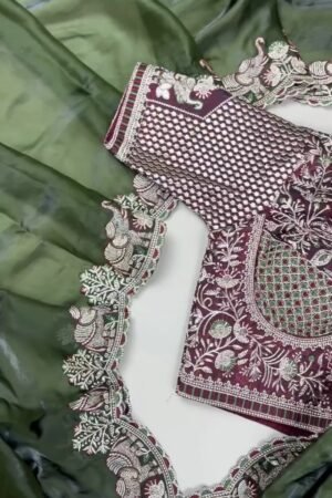 Olive Green Elephant Motif Embroidered Organza Saree & Blouse Set
