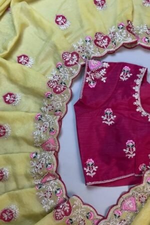 Sunshine Yellow Embellished Saree with Deep Magenta Contrast Blouse – Available in Yellow & Magenta Set