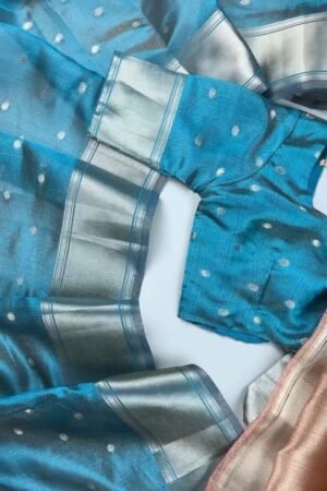Midnight Teal & Champagne Shimmer Zari Weave Saree Set – Available in Teal & Champagne
