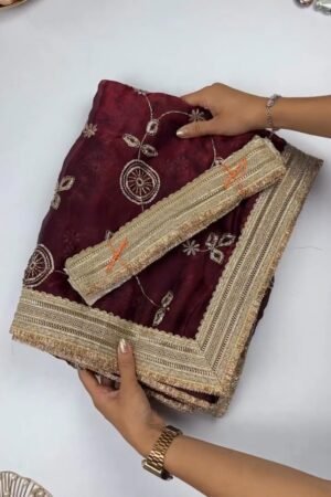 Opulent Floral Embroidered Saree with Antique Zari Borders – Available in Deep Maroon & Elegant Champagne – Available in Deep Maroon & Elegant Champagne