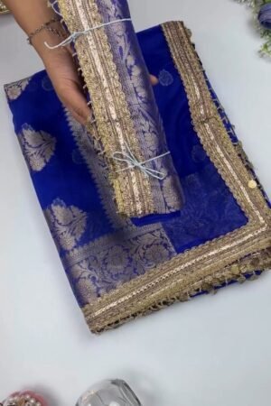 Royal Cobalt Blue Banarasi Silk Saree with Antique Gold Coin Embellishments
