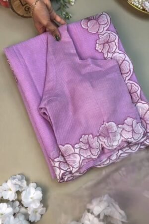 Enchanting Lavender Linen Saree with Scalloped Floral Embroidery