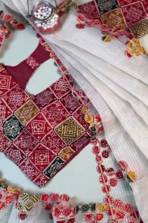 Timeless Bandhani Elegance: White Handloom Saree with Deep Maroon Blouse – Available in One Colour Variant