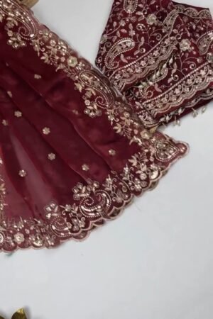 Opulent Scalloped Embellished Saree with Matching Embroidered Blouse – Available in Maroon, Deep Plum, Slate Grey & Teal