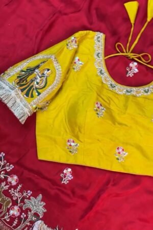 Krishna Motif Embellished Raw Silk Saree Ensemble – Available in Yellow & Red