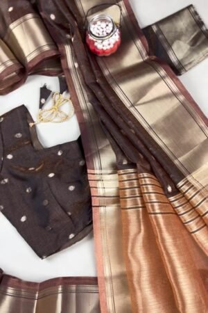 Chocolate Brown Lustrous Silk Saree with Polka Dot Blouse – Timeless Elegance in Every Drape