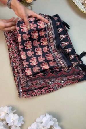 Black Elephant Motif Printed Cotton Suit Set with Mirror Work Accents
