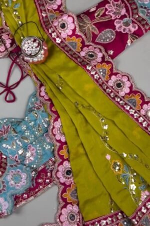 Olive & Fuchsia Embroidered Saree Ensemble – Available in Olive-Fuchsia & Blue-Fuchsia