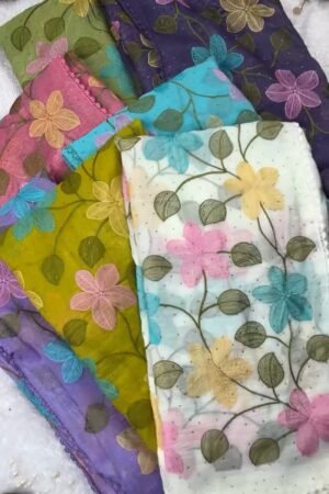 Floral Embroidered Organza Saree with Scalloped Border – Available in Lavender, Lime Green, Mustard, Teal, Pink & White