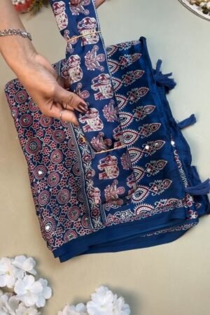 Royal Blue Elephant Motifs Ethnic Saree with Mirror Work Detailing