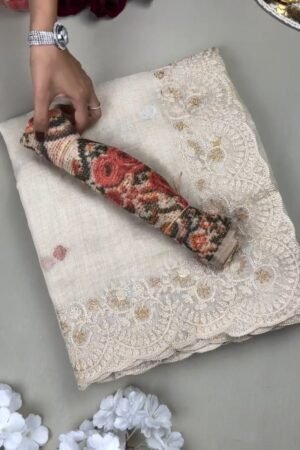Ethereal Cream Floral Embroidered Linen Saree – A Masterpiece of Grace