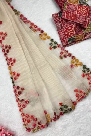 Bandhani Art Border Organza Saree Set – Available in Cream, Yellow & Red