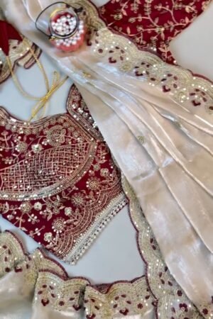 Regal Crimson & Cream Embroidered Lehenga Set – Featuring Intricate Zardosi Craftsmanship