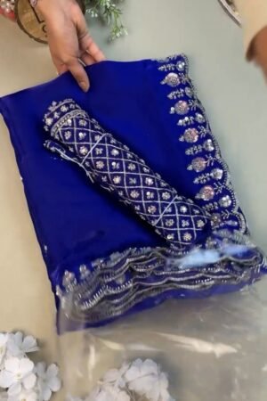 Royal Cobalt Blue Sequined Chiffon Saree with Intricate Border Detail