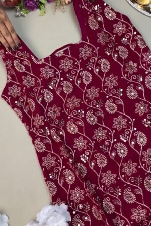 Deep Magenta Floral Thread-Work Kurta Set with Intricate Back Lace-Up Detailing