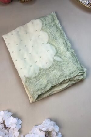 Sage Green Floral Embroidered Saree with Pearl Embellishments
