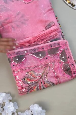 Enchanting Rose Pink Floral Sequin Mirror-Work Saree Set with Unstitched Blouse Piece