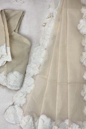 Ethereal Ivory Scalloped Kota Doria Ethnic Set with Floral Embroidery