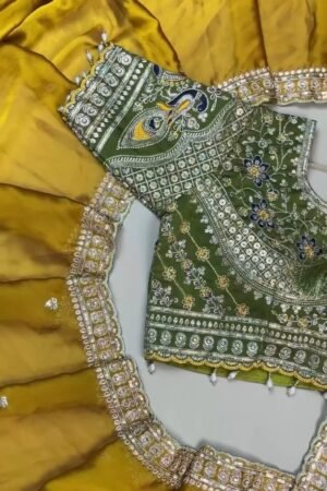 Olive Green Embroidered Silk Blouse with Mustard Yellow Saree – A Masterpiece of Traditional Elegance