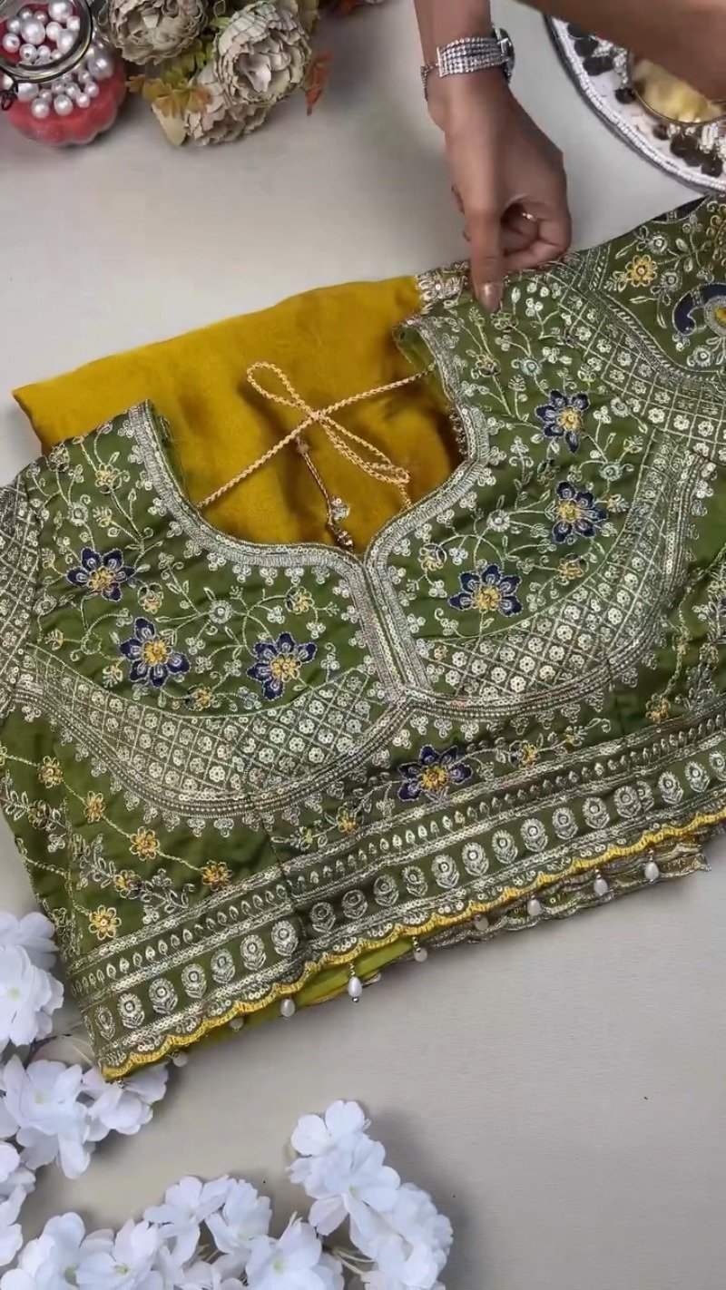 Olive Green Embroidered Silk Blouse with Mustard Yellow Saree โ A Masterpiece of Traditional Elegance - Image 2