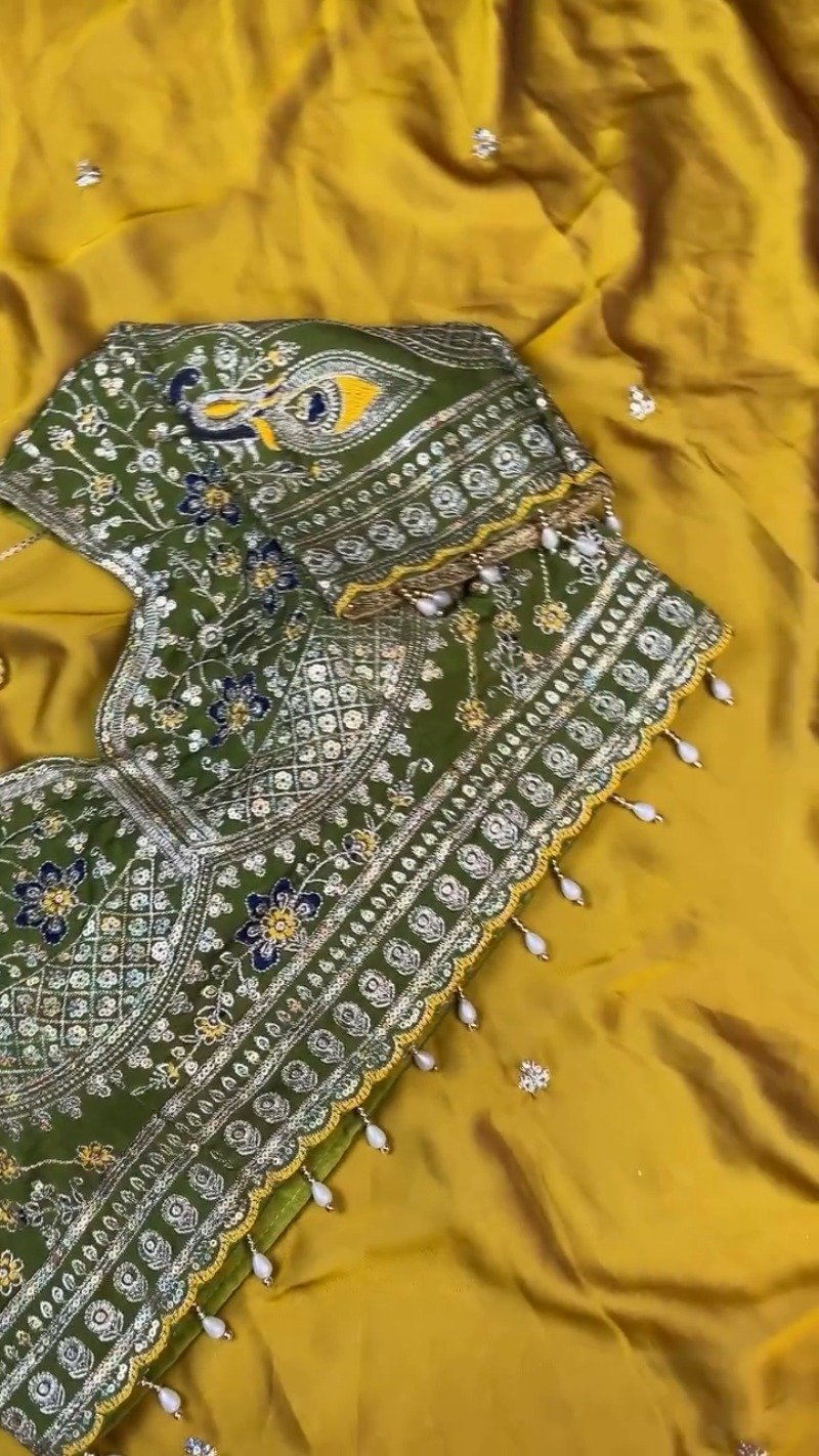 Olive Green Embroidered Silk Blouse with Mustard Yellow Saree โ A Masterpiece of Traditional Elegance - Image 4