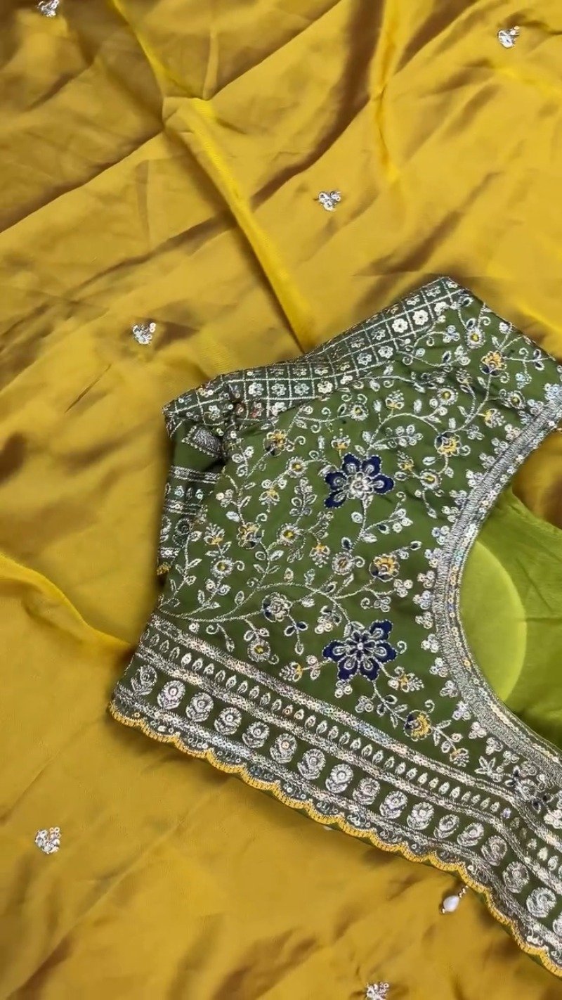 Olive Green Embroidered Silk Blouse with Mustard Yellow Saree โ A Masterpiece of Traditional Elegance - Image 5